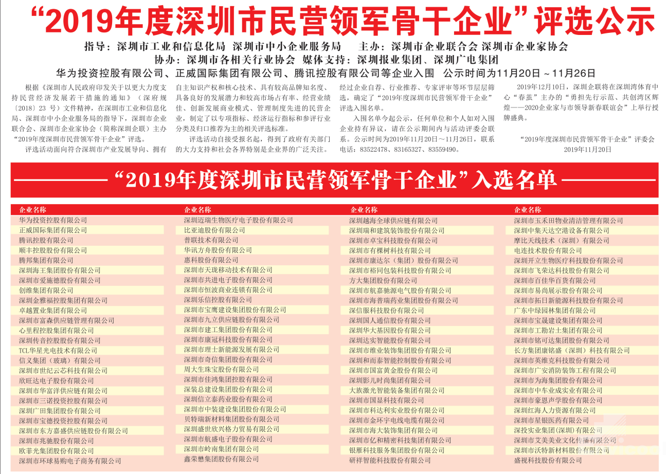 喜讯 英维克获评“2019年度深圳市民营领军骨干企业”